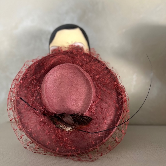 ENCHANTING 1940s\' SALMON COLOR STRAW WIDE BRIM FEDORA WITH MATCHING FULL VEIL main image 7